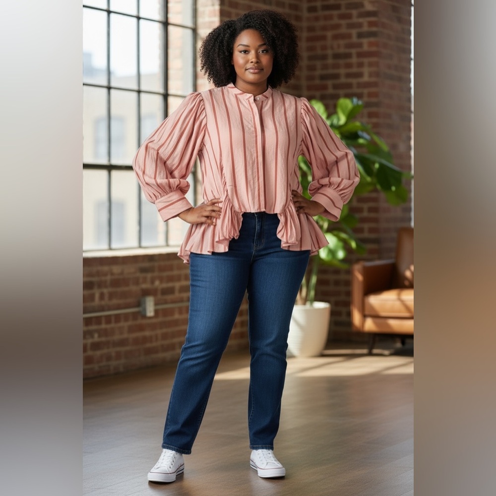 FORE Pink Striped Balloon Sleeve Blouse Architectural Statement Top Medium